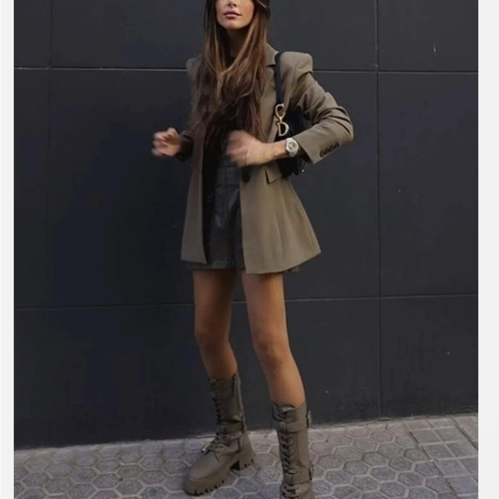 ZARA Khaki Military Waxed-Finish Lace-Up Boots Size 38 (US 7.5) NWT - Picture 2 of 10